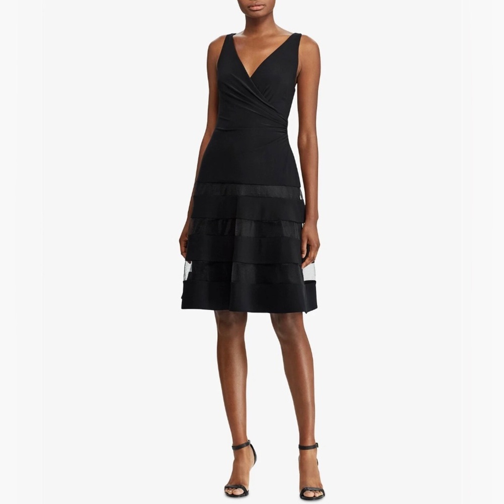 Lauren Ralph Lauren Black V-Neck Sleeveless Tiered Tulle Romantic Dress